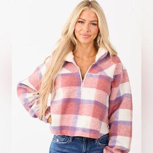 NWT Plaid Fleece Quarter-Zip Women’s Top